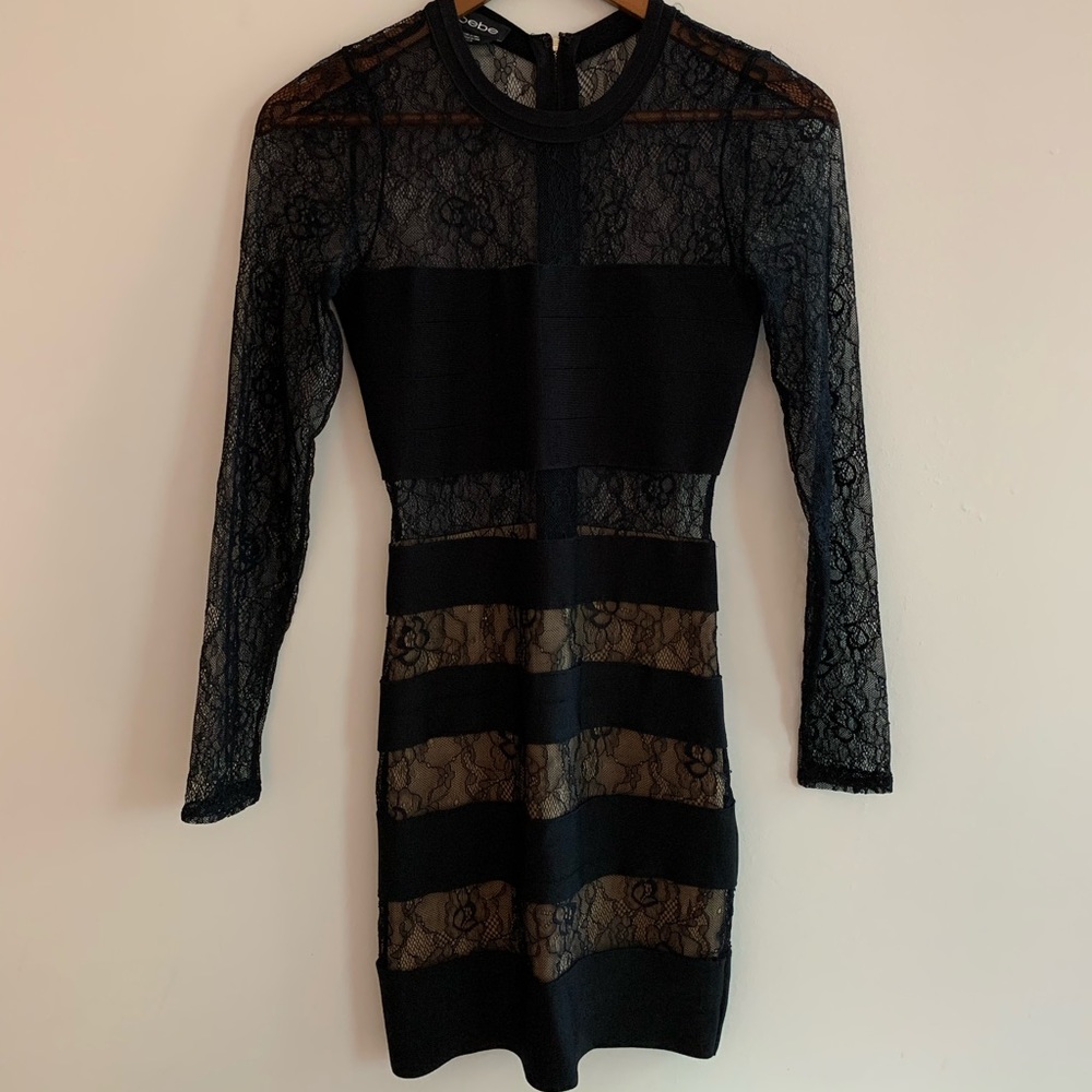 Black lace mini dress by BEBE